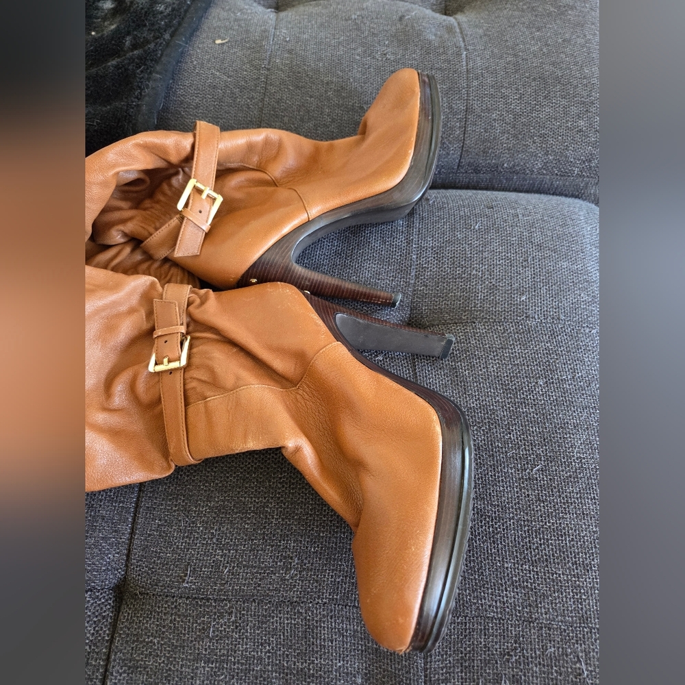 Michael Kors Tan Leather Slouchy Platform Boots - Size 9M